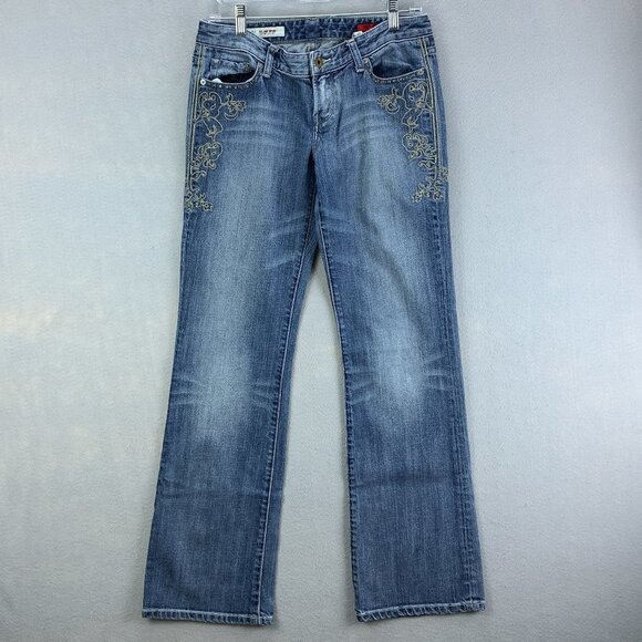 Express X2 Womens Jeans 8 30 x 31.5 Low‎ Rise Bootcut Embroidered Slim W10 - Picture 1 of 16